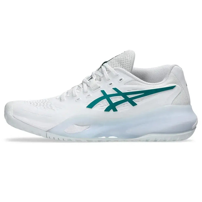 zapatillas de tenis asics blancas y verdes con suela aharplus y gel en antepié