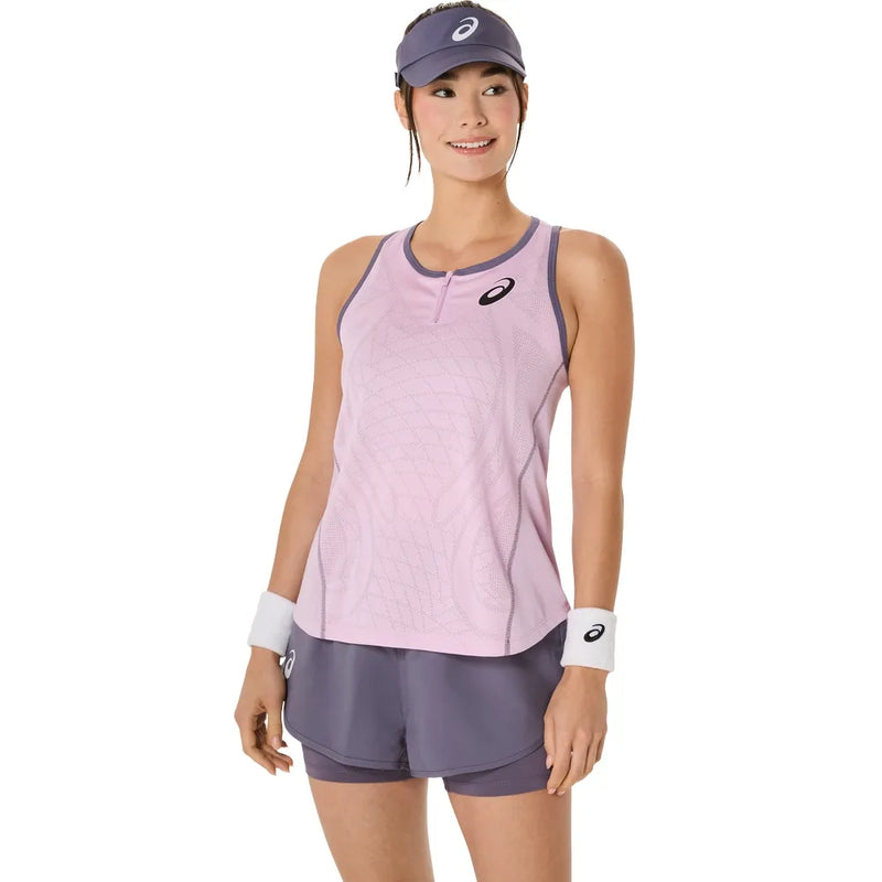 blusa deportiva asics mujer sin mangas rosa con bordes grises para pádel