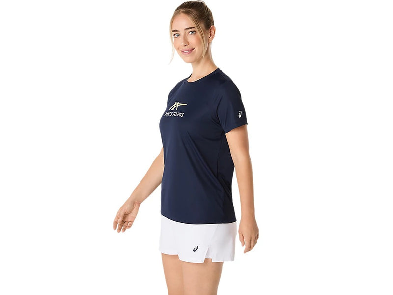 playera asics para mujer color midnight con detalles gráficos deportivos