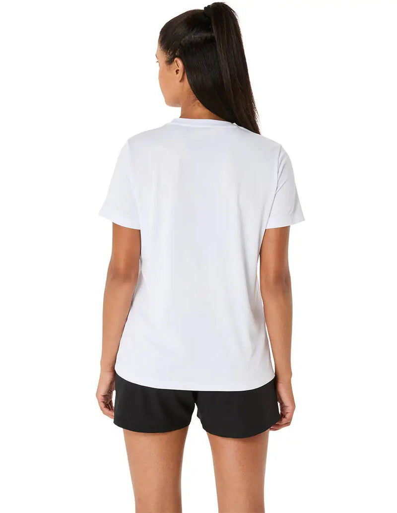 camiseta deportiva asics mujer azul con gráfico amarillo y corte cómodo