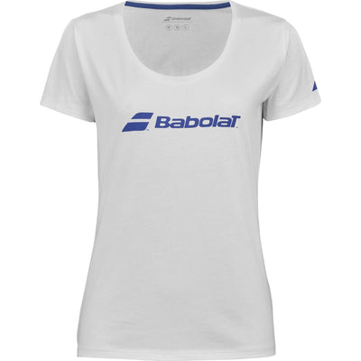 camiseta babolat blanca para mujer con logo azul en el centro