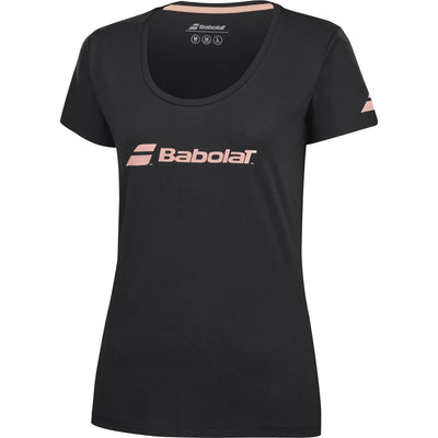 babolat camiseta negra con ajuste femenino y estampado rosa claro