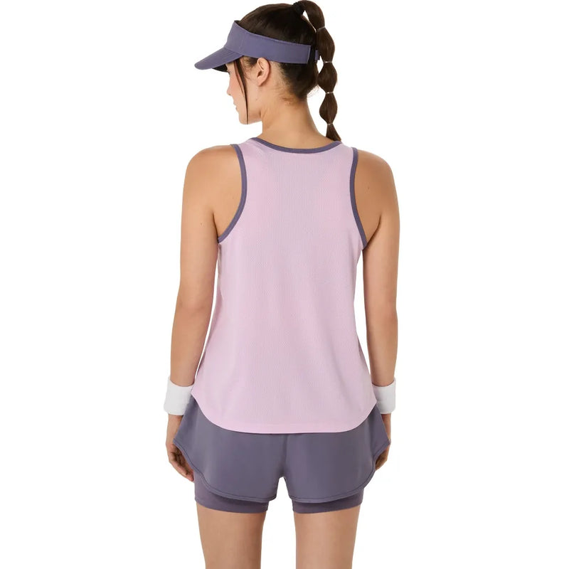 camiseta rosa sin mangas mujer asics con ribetes grises y logo en el pecho