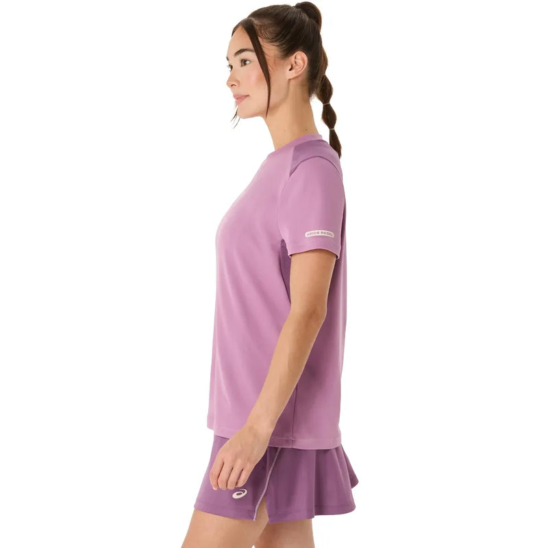 camiseta deportiva mujer asics padel court en tonos morado claro y oscuro