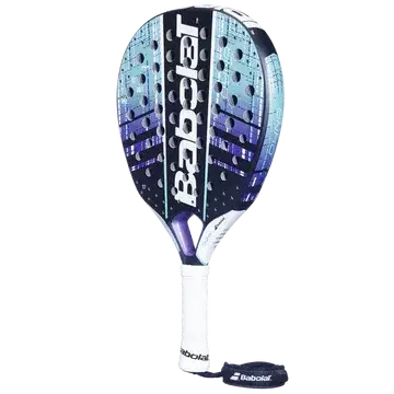 detalle frontal de pala babolat dyna energy con patrón azul degradado
