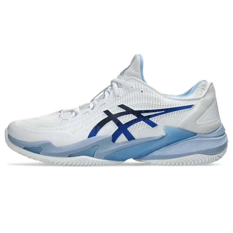 tenis court ff 3 asics novak blanco azul para deslizar con seguridad