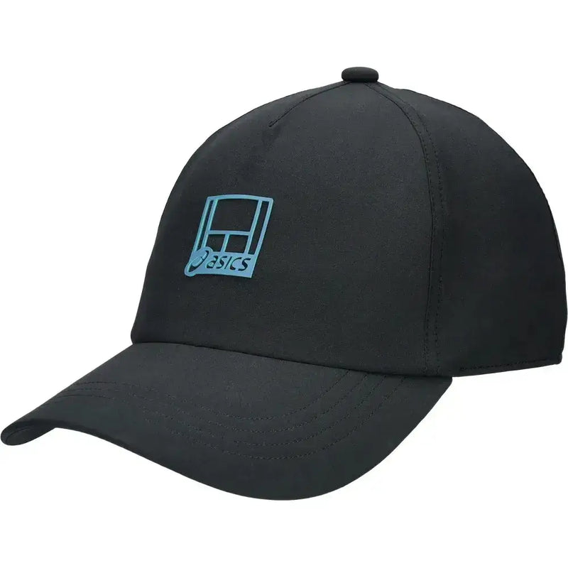 gorra deportiva asics negra con logo azul para jugadores de tenis