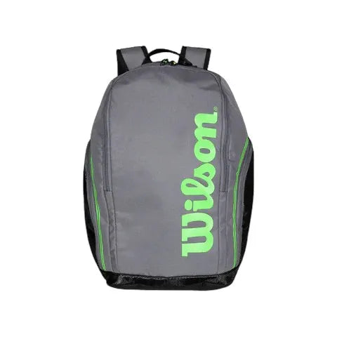 mochila wilson gris con detalles verde neón para tenis