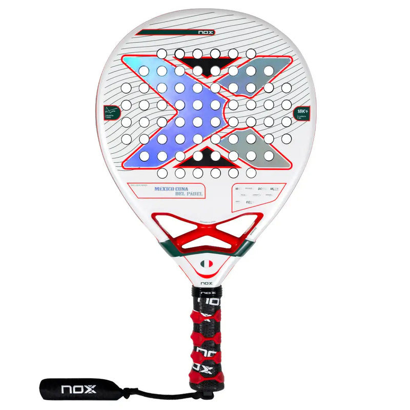 pala padel nox at10 luxury genius 18k mexico diseño tricolor y grip rojo