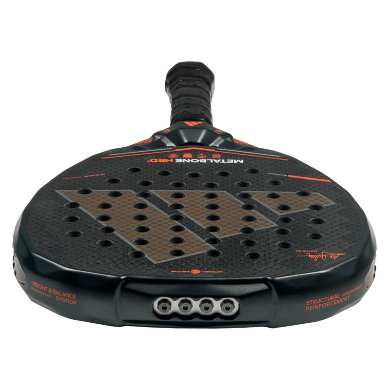 pala de padel adidas negra con logo metalbone hrd+ y detalles rojos vibrantes