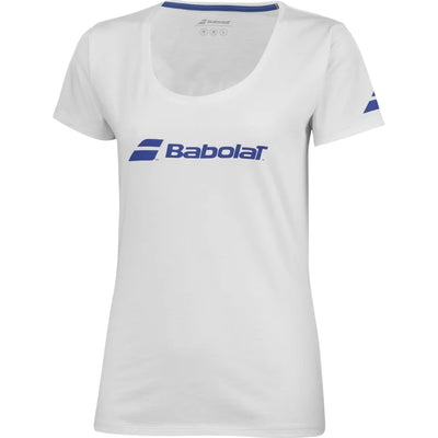playera deportiva babolat blanca mujer con cuello redondo y manga corta