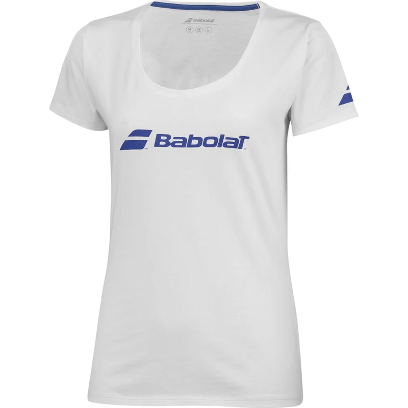 playera deportiva babolat blanca mujer con cuello redondo y manga corta