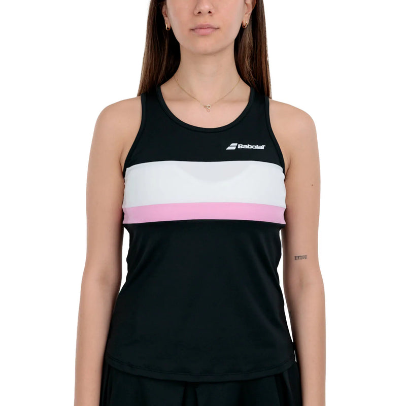 blusa deportiva babolat mujer sin mangas negra con franjas blanca y rosa