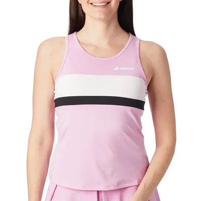 blusa deportiva babolat mujer sin mangas rosa con franjas blanca y negra