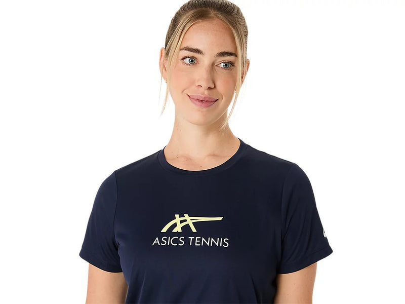 camiseta asics court tennis mujer ligera y transpirable en azul con amarillo