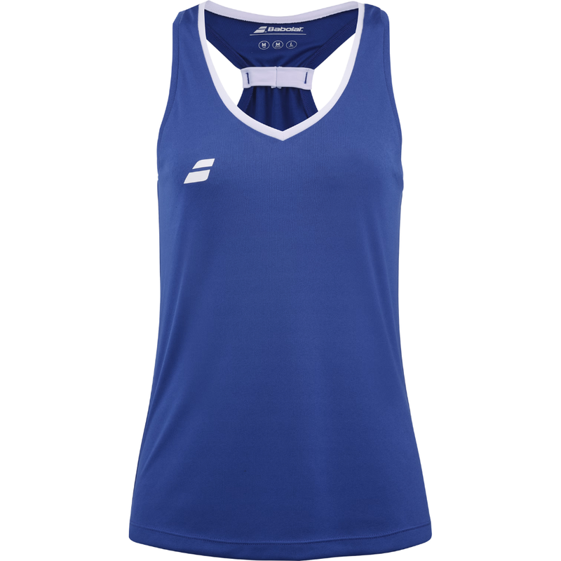 top babolat azul sin mangas con cuello en v y detalles blancos