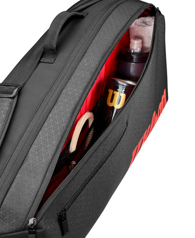 wilson raquetero negro con logotipo rojo para seis raquetas de tenis